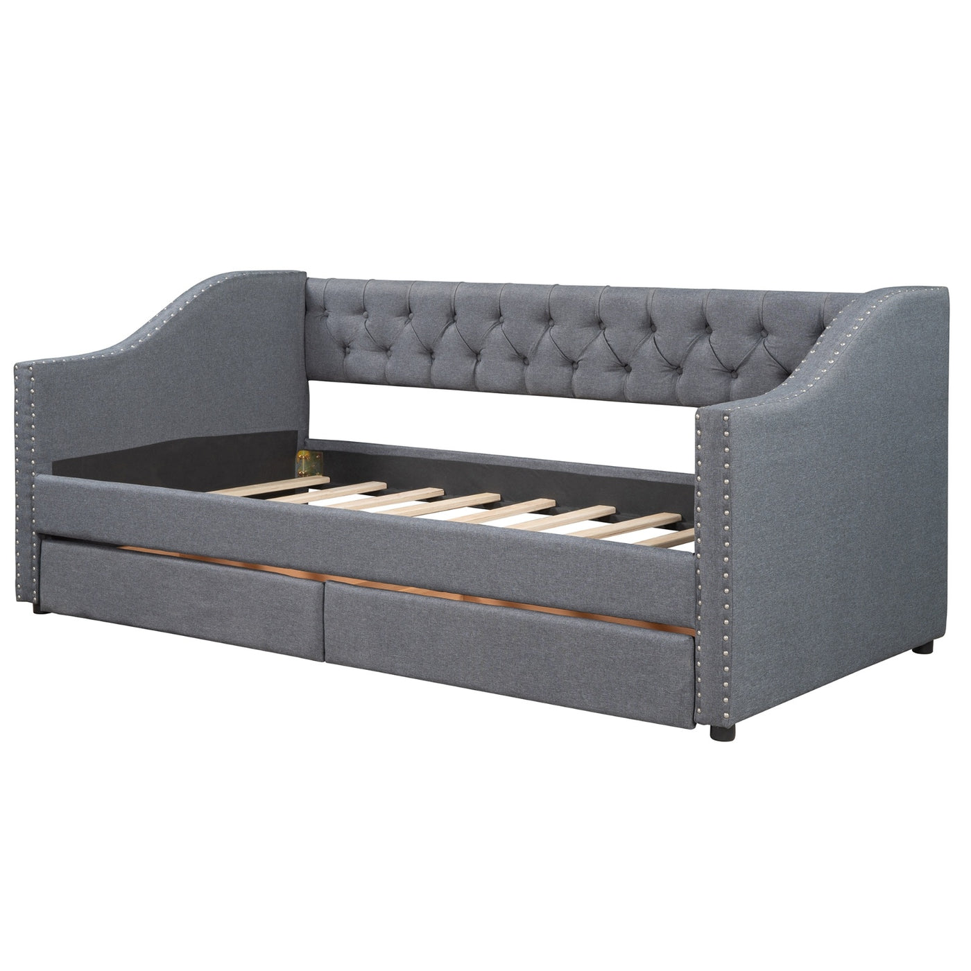 Twin Size Upholstered Daybed With 2 Drawers, Wood Slat Support, Gray