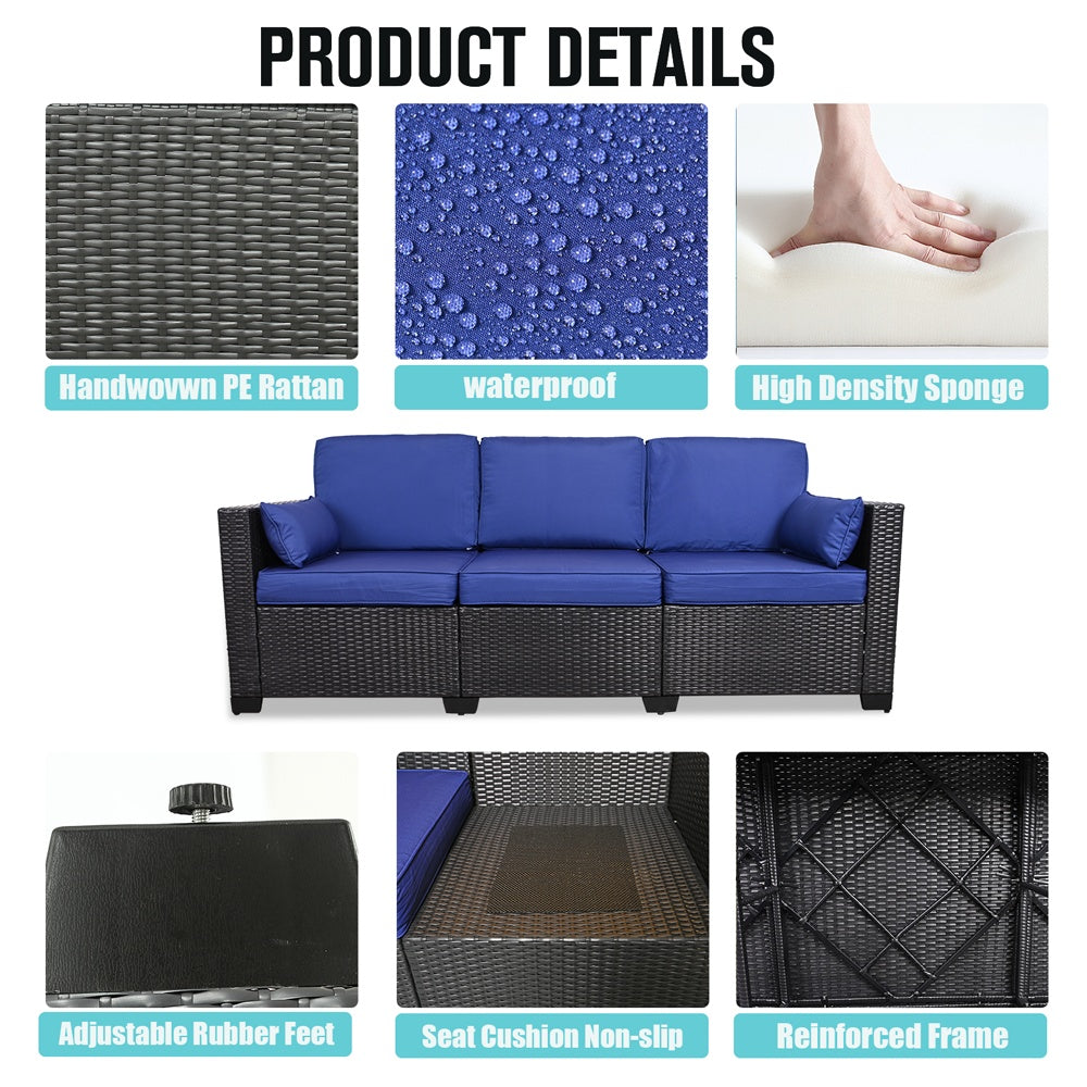 3-Seat Patio Wicker Sofa, Outdoor Rattan Sectional Couch Furniture Steel Frame With Furniture Cover Non-Slip Cushion