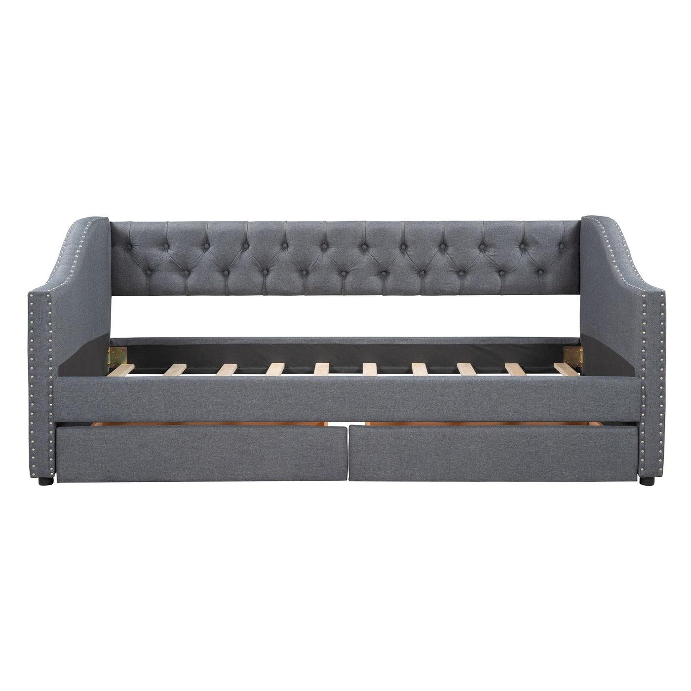 Twin Size Upholstered Daybed With 2 Drawers, Wood Slat Support, Gray