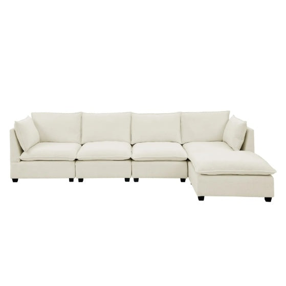 Convertible Sectional Sofa Couch With Ottoman, Cloud Couch 4 Seat L Shaped Sofa With Padded Armrests And Ottoman .Cloud Sofa For Living Room, Apartment And Office, Beige Beige White