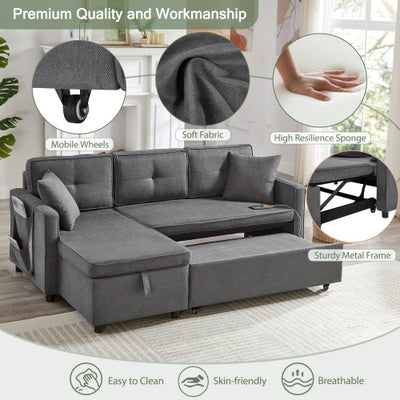 L-Shaped Pull Out Sleep Sofabed, Modern Reversible Sleeper Sectional Sofa, 3 In 1 Convertible Sofa Bed With Storage Chaise, Drop-Down Table, Cup Holders And Charging Ports, Grey