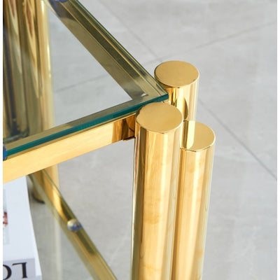 Modern Stainless Steel Coffee Table Set  Set Of 2, Double-Layer Clear Tempered Glass Table Top, Coffee Table  End Side Table 2-Pieces Sets For Living Room Home Office