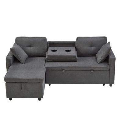 L-Shaped Pull Out Sleep Sofabed, Modern Reversible Sleeper Sectional Sofa, 3 In 1 Convertible Sofa Bed With Storage Chaise, Drop-Down Table, Cup Holders And Charging Ports, Grey
