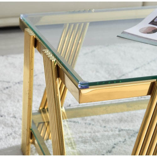 47 Wide Rectangle Modern Stainless Steel Coffee Table, Double-Layer Clear Tempered Glass Coffee Table, Center Table With Storage, For Living Room Home Office, Easy Assembly