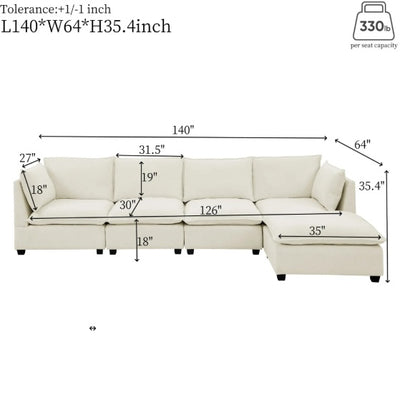 Convertible Sectional Sofa Couch With Ottoman, Cloud Couch 4 Seat L Shaped Sofa With Padded Armrests And Ottoman .Cloud Sofa For Living Room, Apartment And Office, Beige Beige White