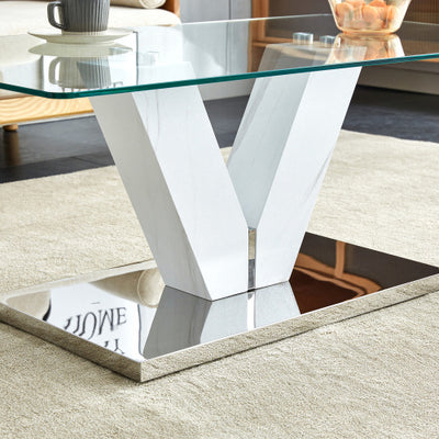 Modern Minimalist Coffee Table. Transparent Tempered Glass Tabletop With Silver MDF Pillars. Suitable For Living Room And Dining Room